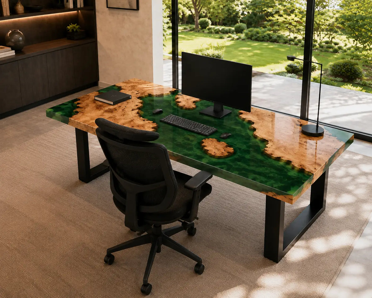 Emerald Grove emerald green transparent epoxy cedar burl office desk OD50
