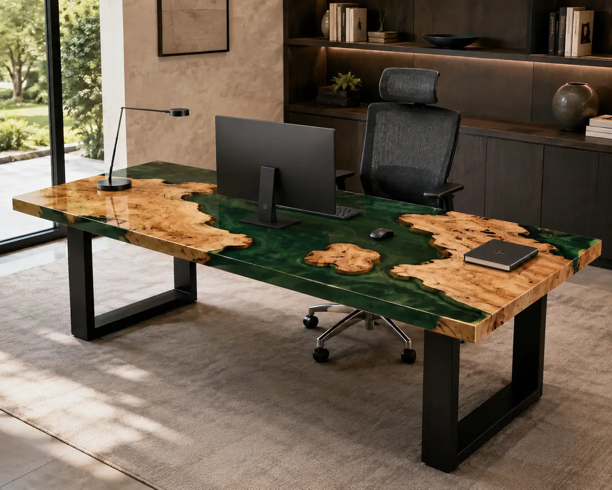 Emerald Grove Emerald Green Transparent Epoxy Cedar Burl Office Desk OD50