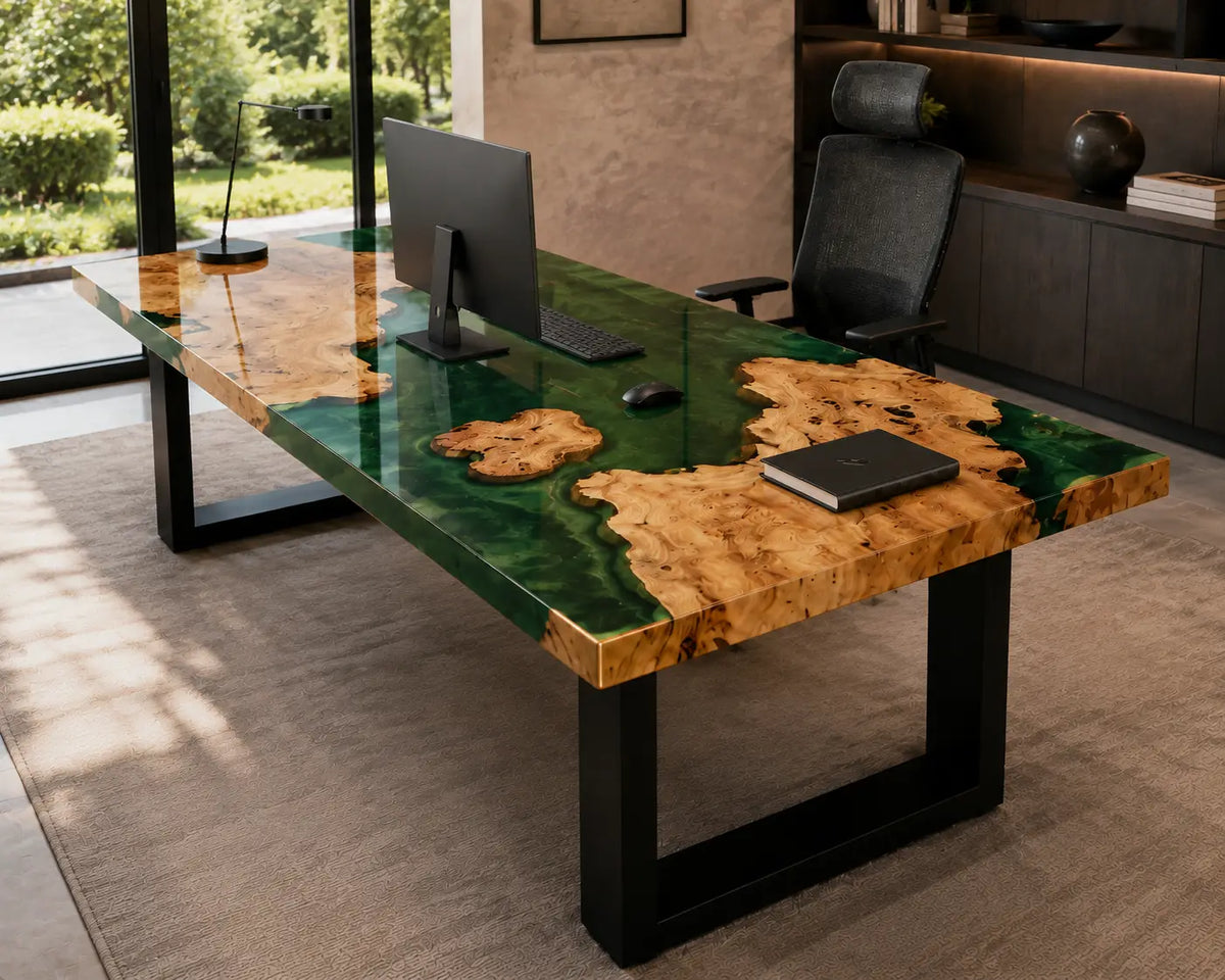 Emerald Grove Emerald Green Transparent Epoxy Cedar Burl Office Desk OD50