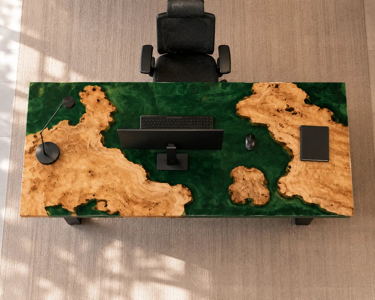 Emerald Grove Emerald Green Transparent Epoxy Cedar Burl Office Desk OD50