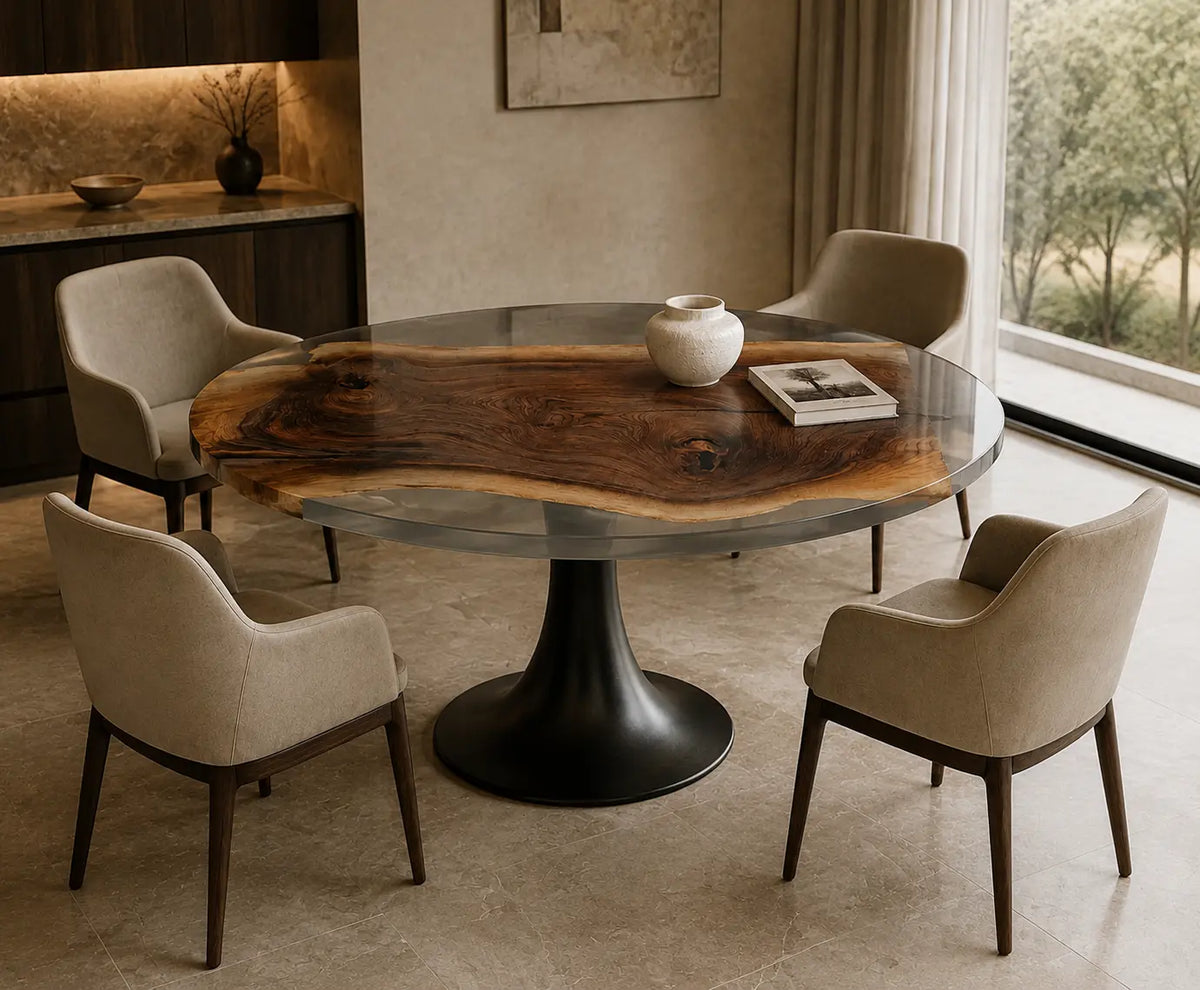 Shadow Estuary Smoky Gray Epoxy Walnut Round Dining Table – RT02