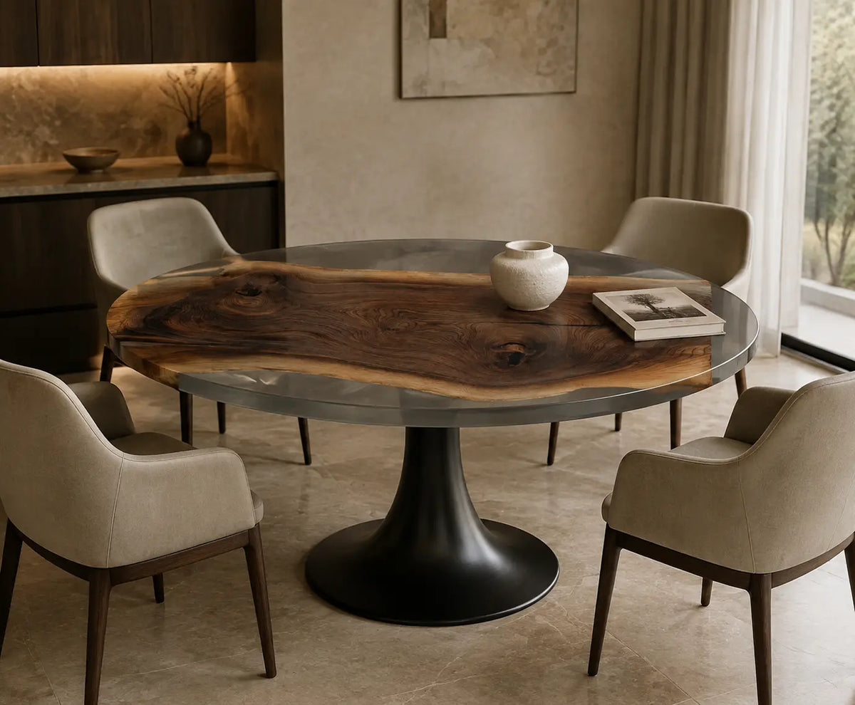 Shadow Estuary Smoky Gray Epoxy Walnut Round Dining Table RT02