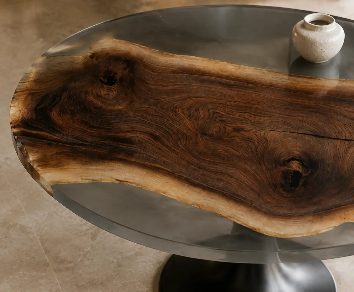 Shadow Estuary Smoky Gray Epoxy Walnut Round Dining Table RT02