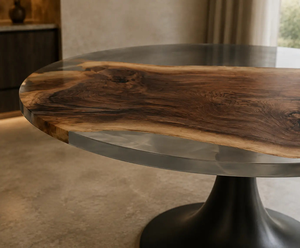 Shadow Estuary Smoky Gray Epoxy Walnut Round Dining Table RT02