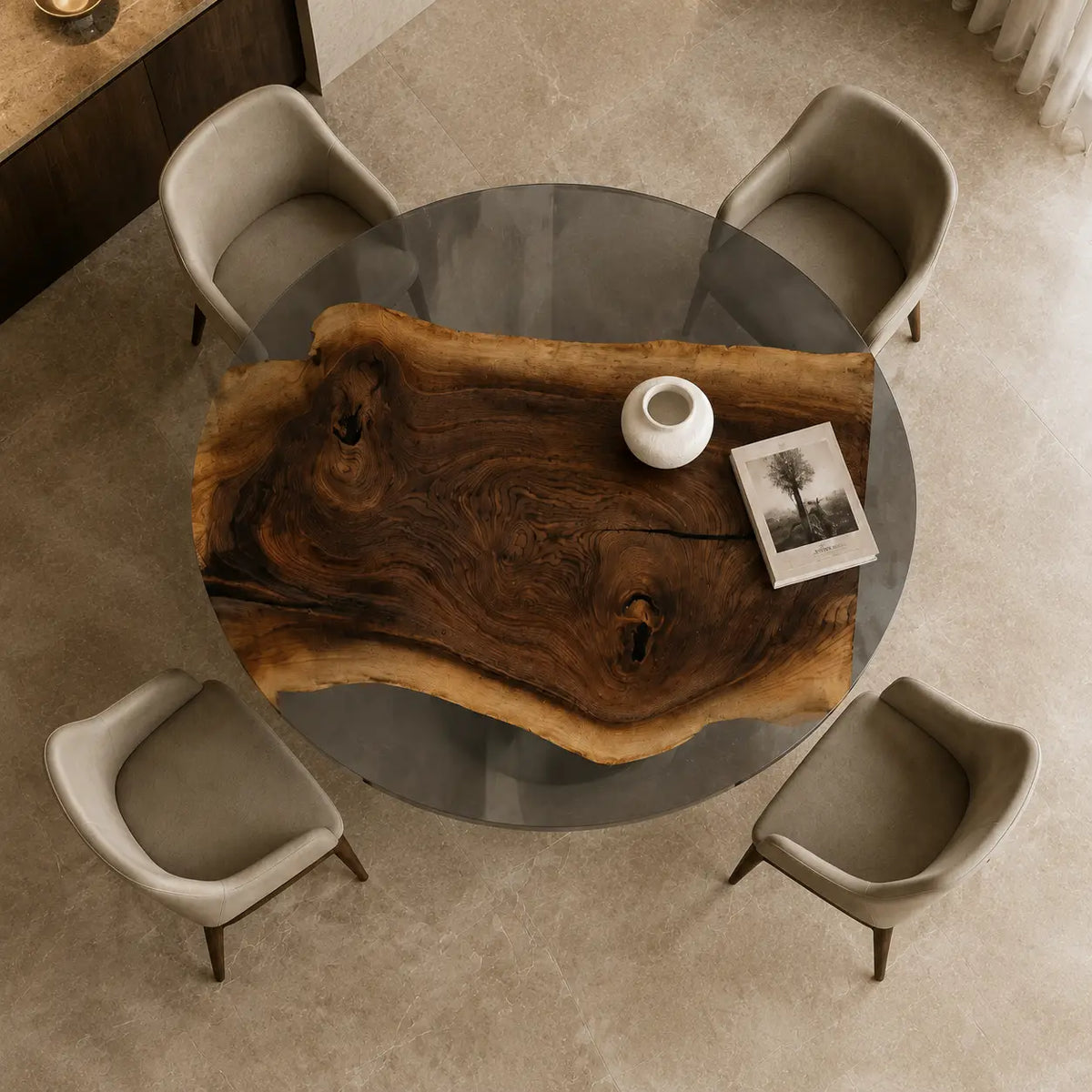 Shadow Estuary Smoky Gray Epoxy Walnut Round Dining Table RT02