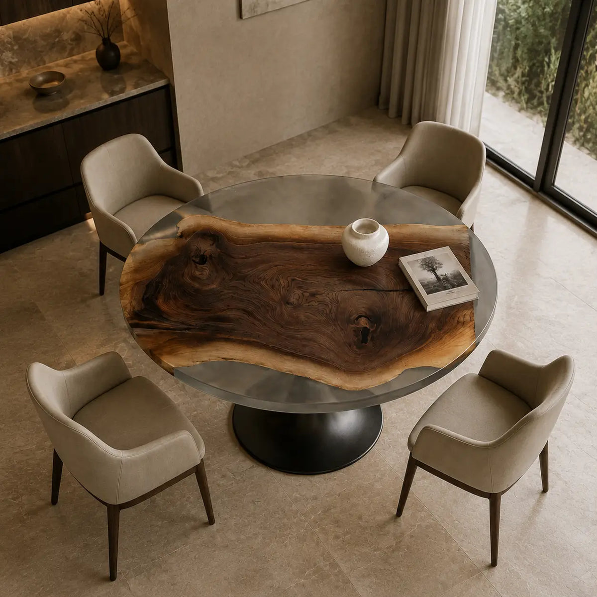 Shadow Estuary Smoky Gray Epoxy Walnut Round Dining Table RT02