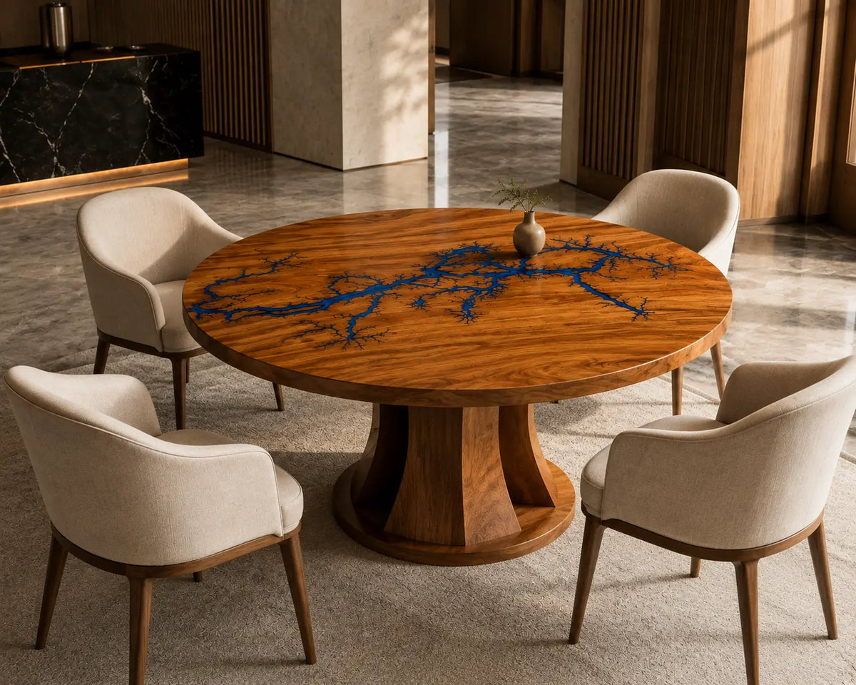 Cobalt Veins Blue Epoxy Walnut Round Dining Table – RT03