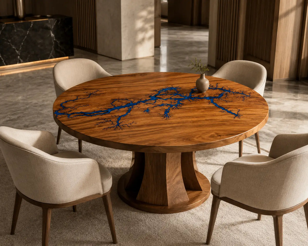 Cobalt Veins Blue Epoxy Walnut Round Dining Table RT03