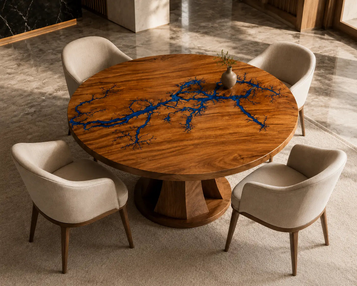 Cobalt Veins Blue Epoxy Walnut Round Dining Table RT03