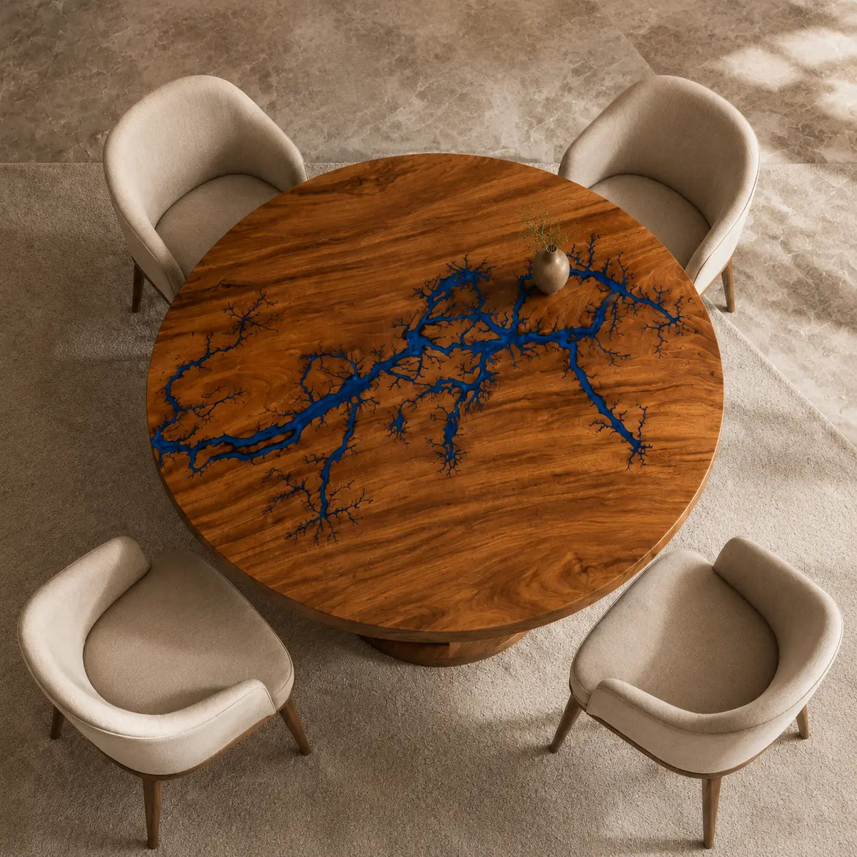 Cobalt Veins Blue Epoxy Walnut Round Dining Table RT03