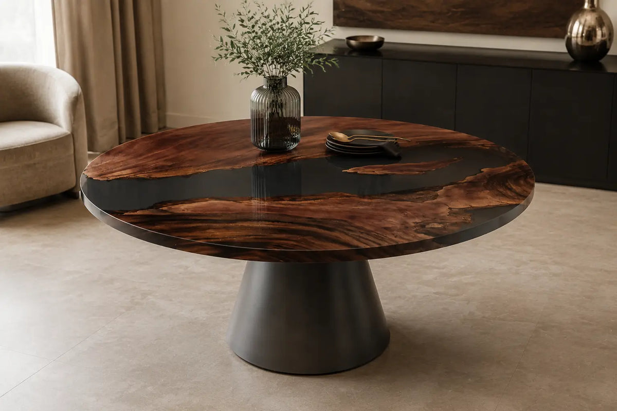 Obsidian Divide Black Epoxy Walnut Round Dining Table – RT04