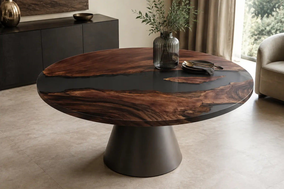 Obsidian Divide Black Epoxy Walnut Round Dining Table RT04