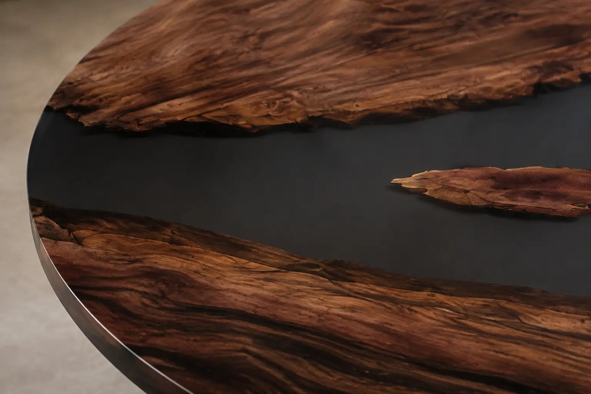 Obsidian Divide Black Epoxy Walnut Round Dining Table RT04