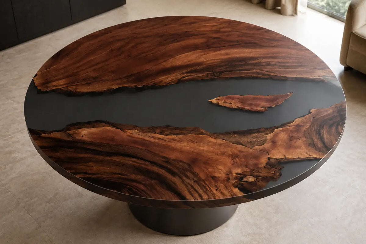 Obsidian Divide Black Epoxy Walnut Round Dining Table RT04