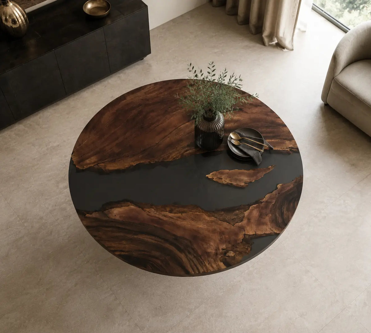 Obsidian Divide Black Epoxy Walnut Round Dining Table RT04