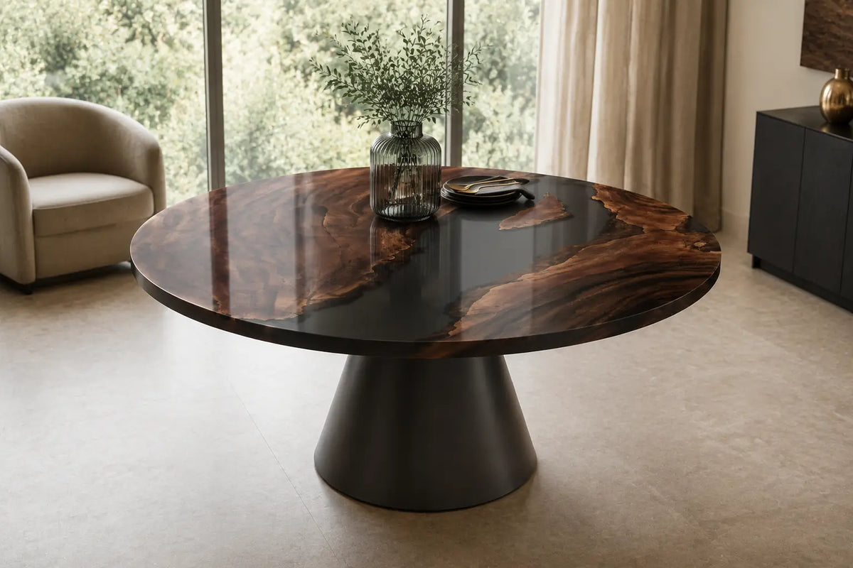 Obsidian Divide Black Epoxy Walnut Round Dining Table RT04