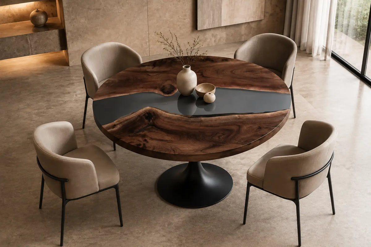 Blue Dusk Smoky Epoxy Walnut Round Dining Table – RT05