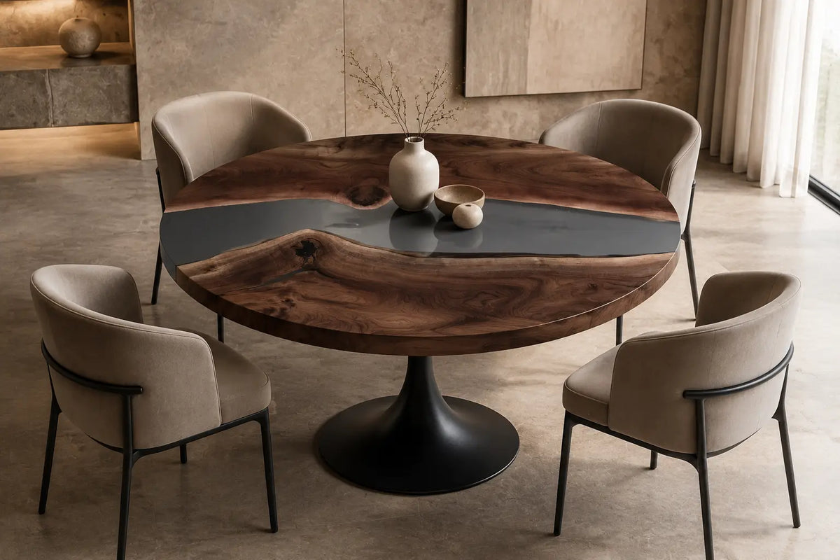 Blue Dusk Smoky Epoxy Walnut Round Dining Table RT05