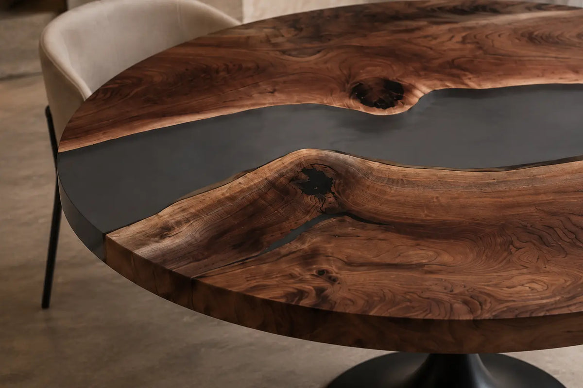 Blue Dusk Smoky Epoxy Walnut Round Dining Table RT05