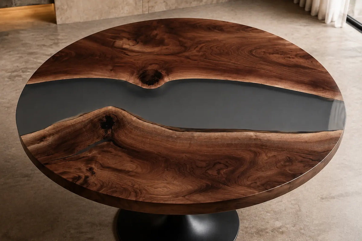 Blue Dusk Smoky Epoxy Walnut Round Dining Table RT05