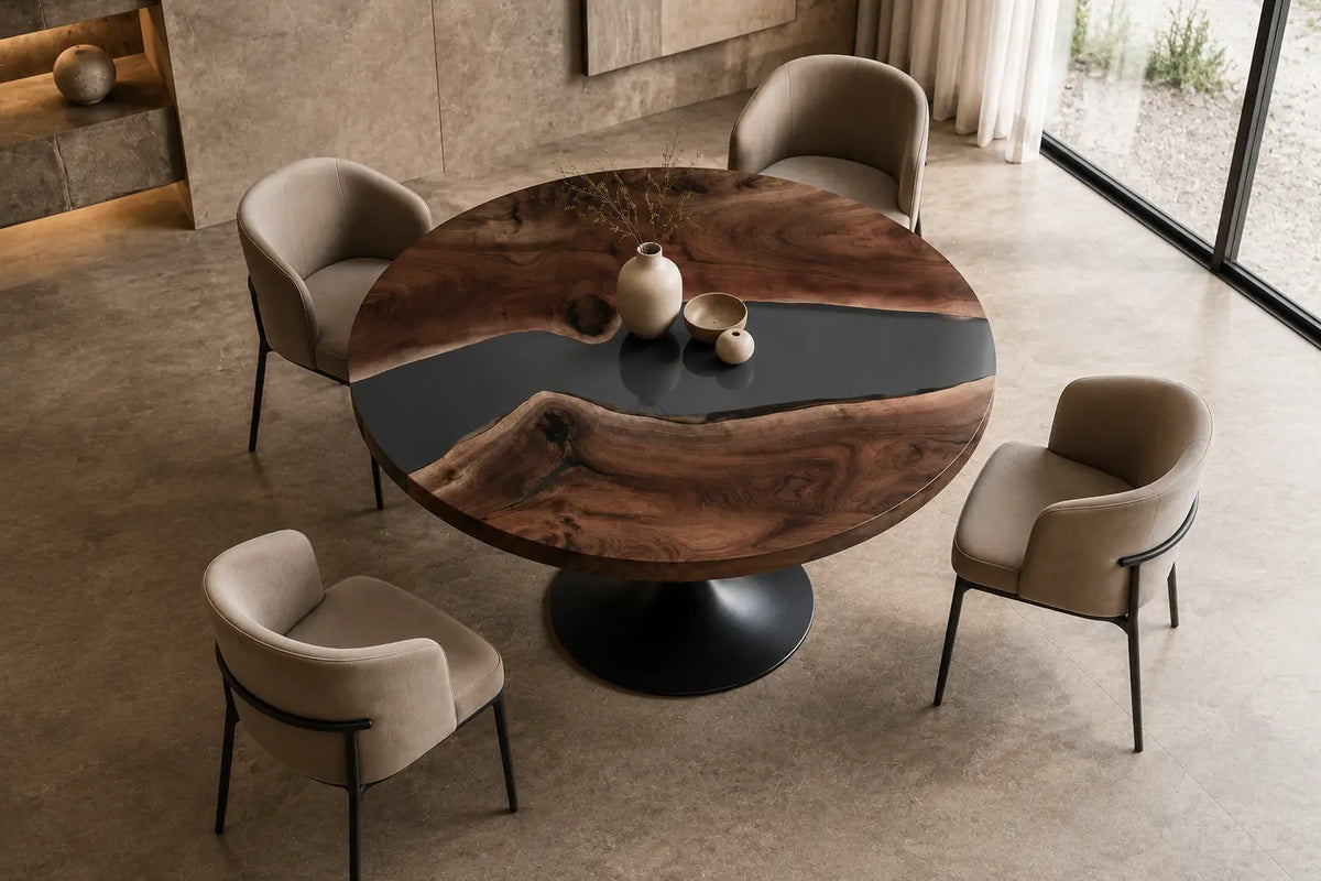 Blue Dusk Smoky Epoxy Walnut Round Dining Table RT05