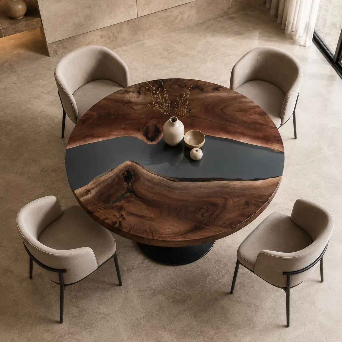 Blue Dusk Smoky Epoxy Walnut Round Dining Table RT05