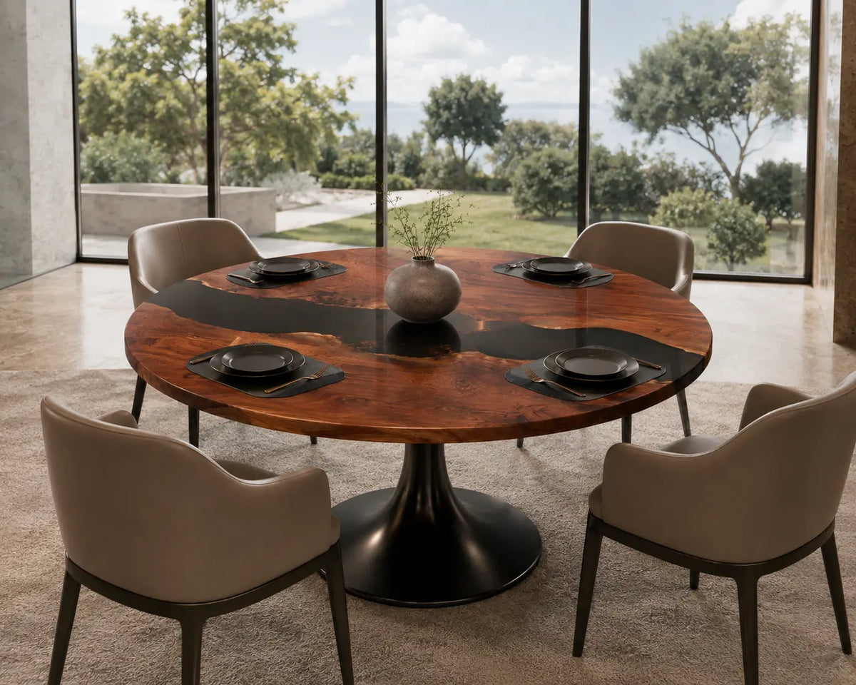Ember Tributary Smoky Black Epoxy Walnut Round Table – RT06