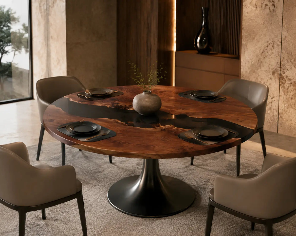 Ember Tributary Smoky Black Epoxy Walnut Round Table RT06