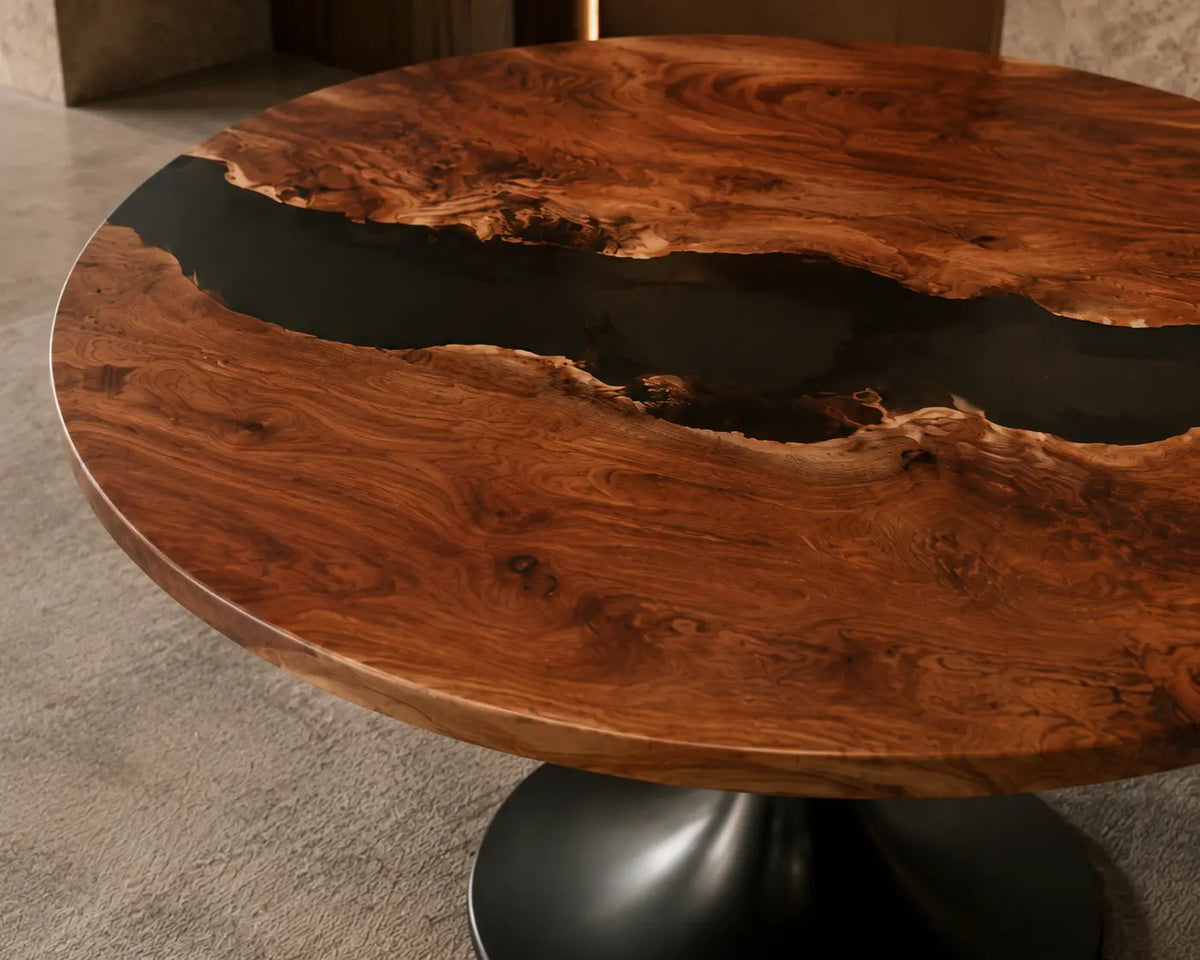 Ember Tributary Smoky Black Epoxy Walnut Round Table RT06