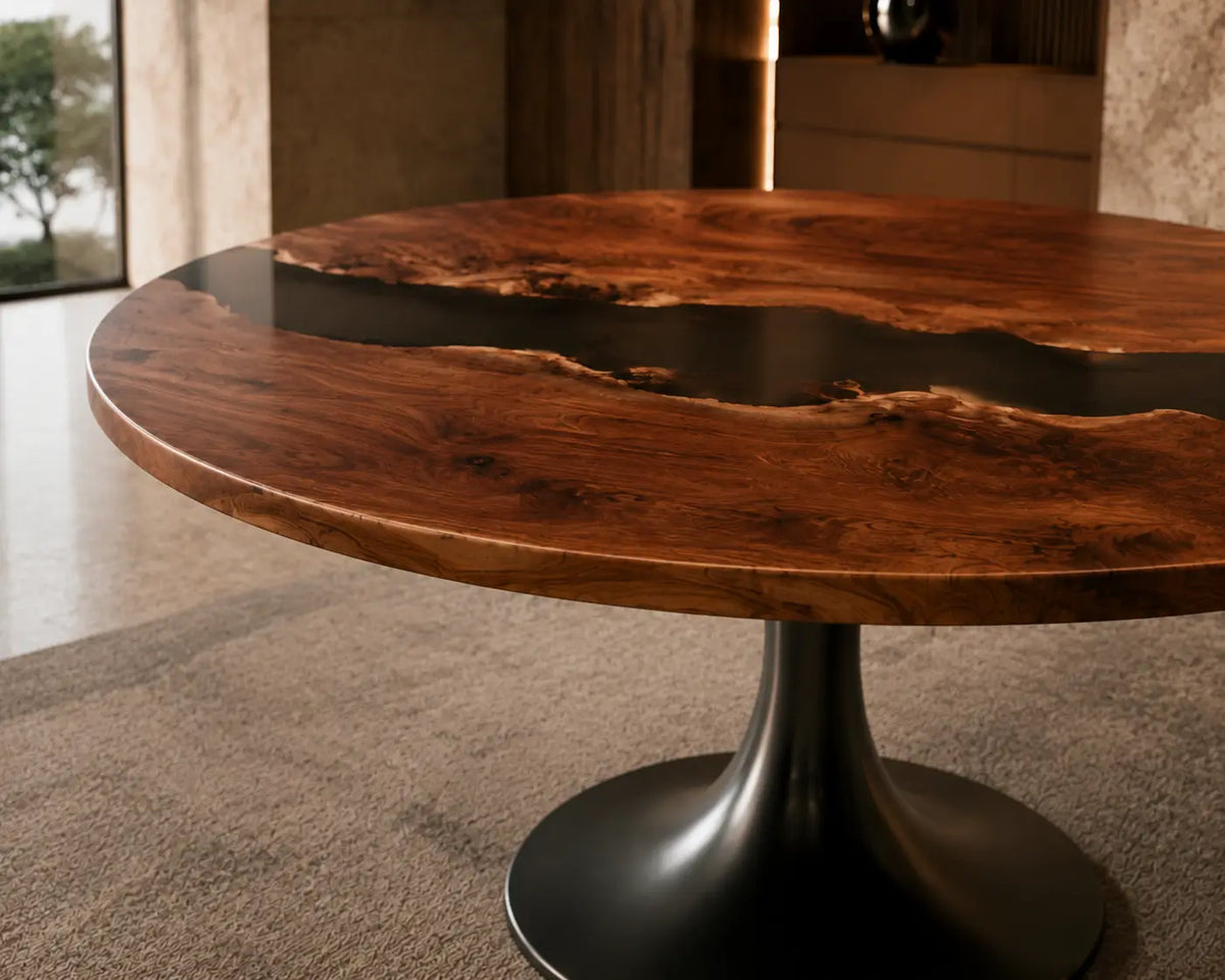Ember Tributary Smoky Black Epoxy Walnut Round Table RT06