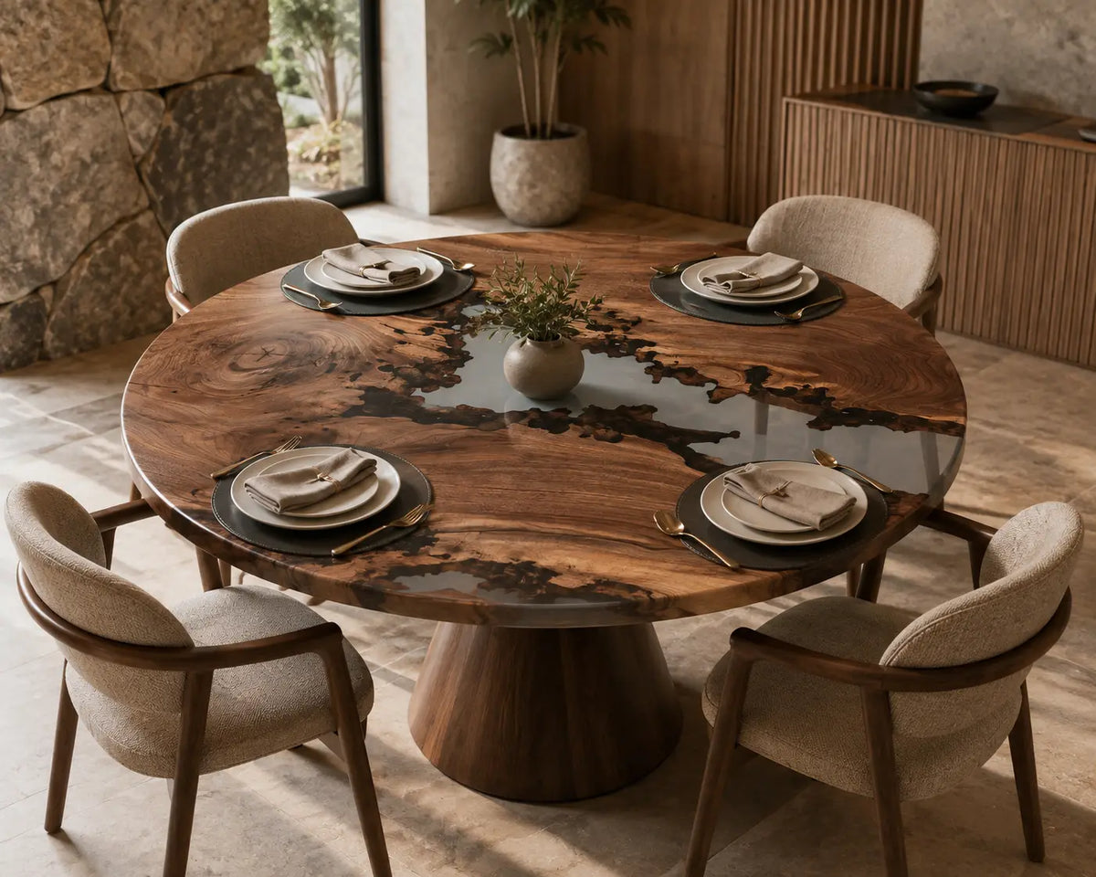 Silver Delta Pearlescent Epoxy Walnut Round Dining Table – RT07