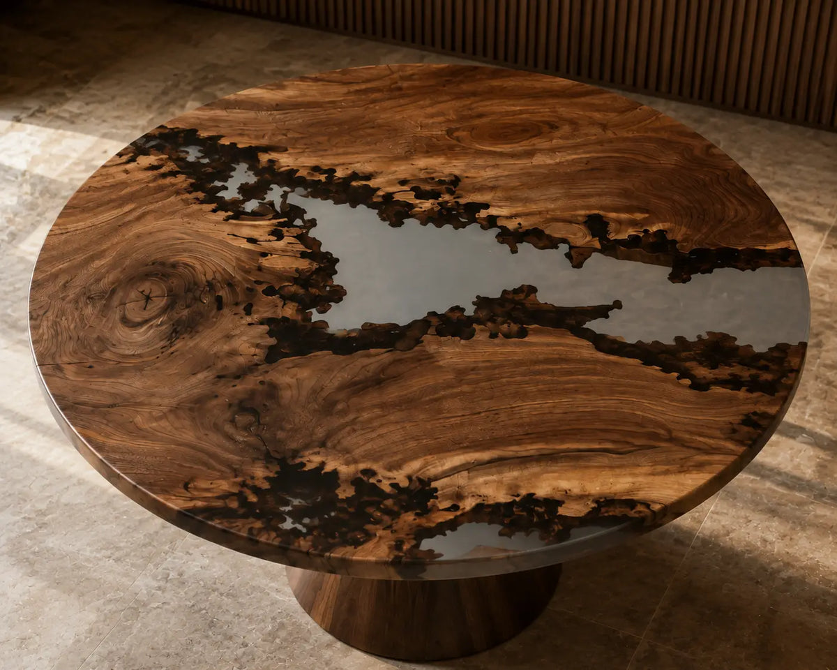 Silver Delta Pearlescent Epoxy Walnut Round Dining Table RT07