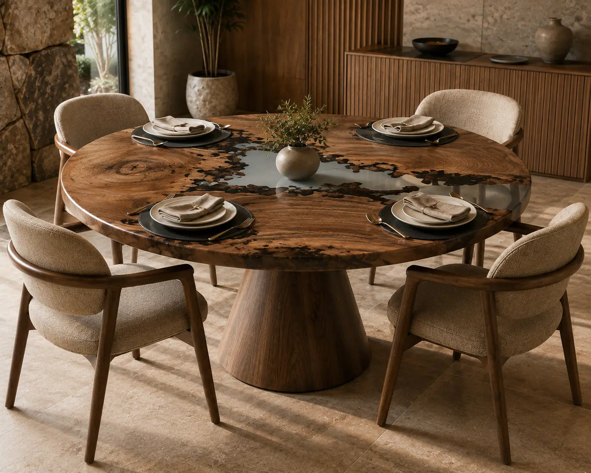 Silver Delta Pearlescent Epoxy Walnut Round Dining Table RT07