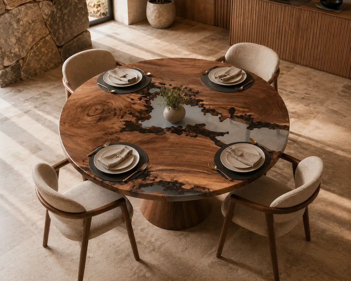 Silver Delta Pearlescent Epoxy Walnut Round Dining Table RT07
