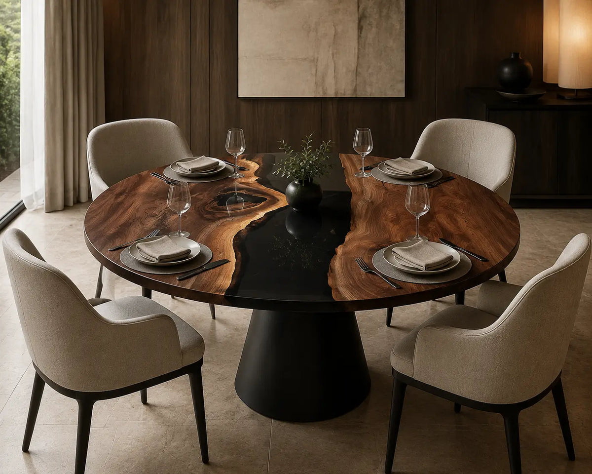 Black Fjord Epoxy Walnut Round Dining Table RT08