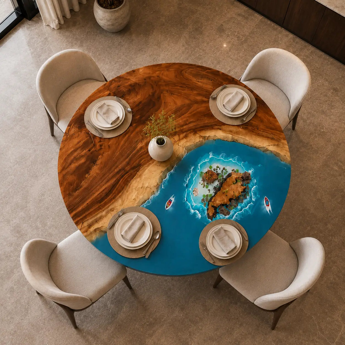 Azure Atoll Ocean Epoxy Walnut Round Dining Table – RT09
