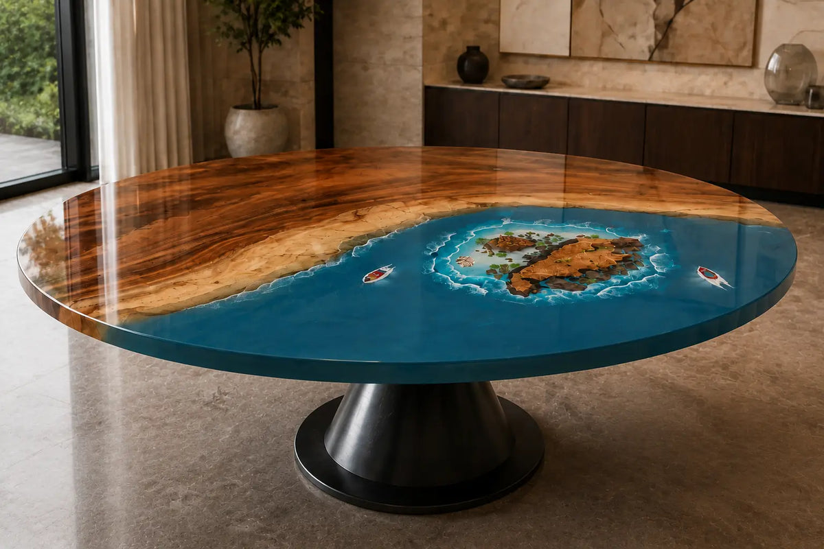 Azure Atoll Ocean Epoxy Walnut Round Dining Table RT09
