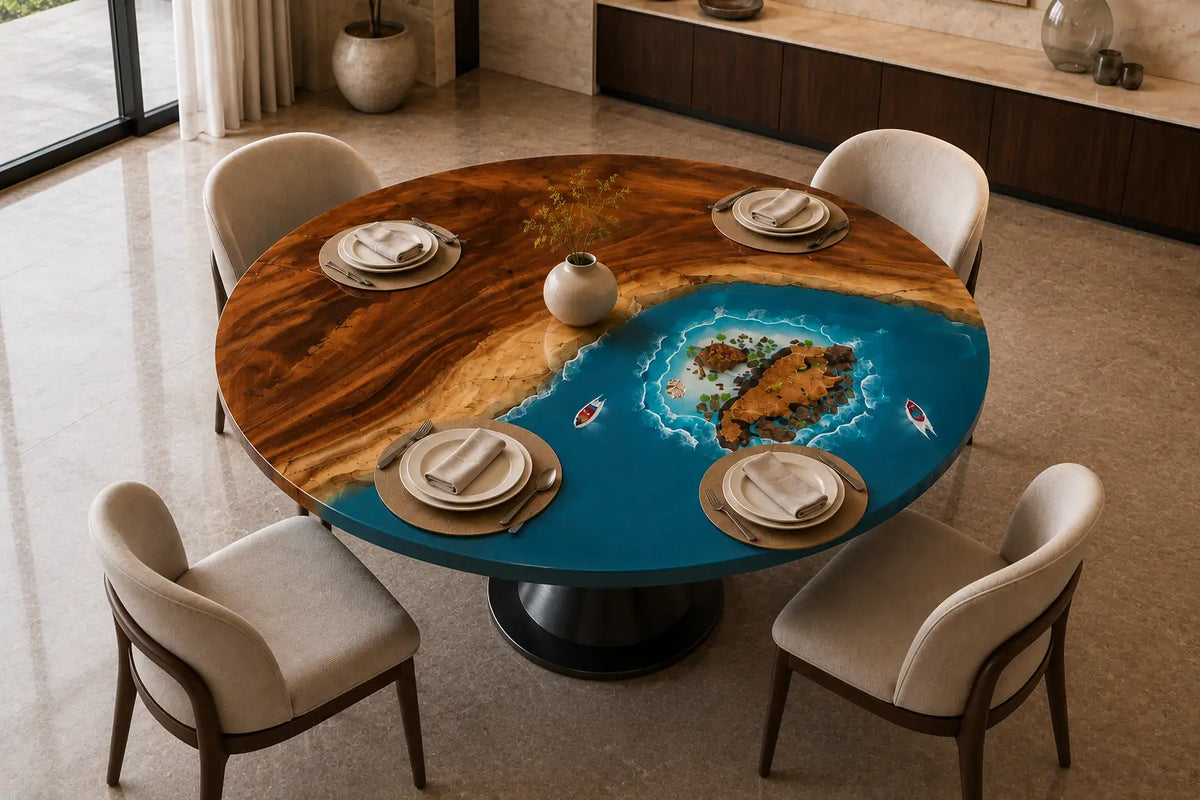 Azure Atoll Ocean Epoxy Walnut Round Dining Table RT09