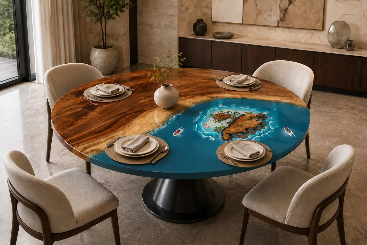 Azure Atoll Ocean Epoxy Walnut Round Dining Table RT09