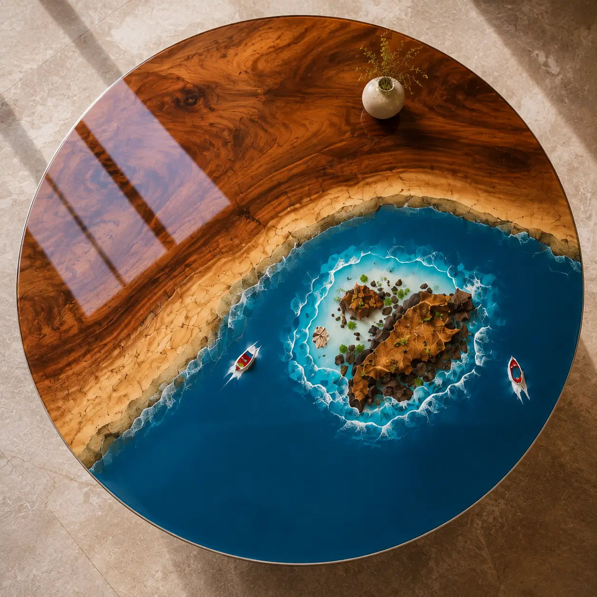 Azure Atoll Ocean Epoxy Walnut Round Dining Table RT09
