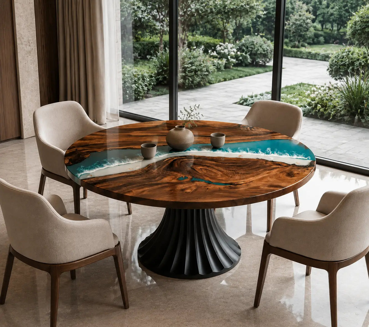 Tidal Crest Ocean Blue Epoxy Walnut Round Dining Table – RT11