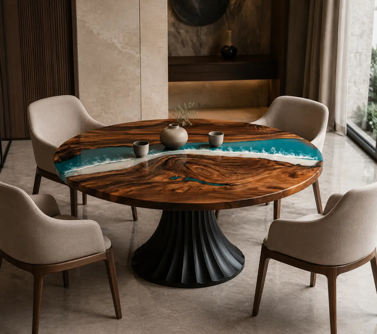 Tidal Crest Ocean Blue Epoxy Walnut Round Dining Table RT11
