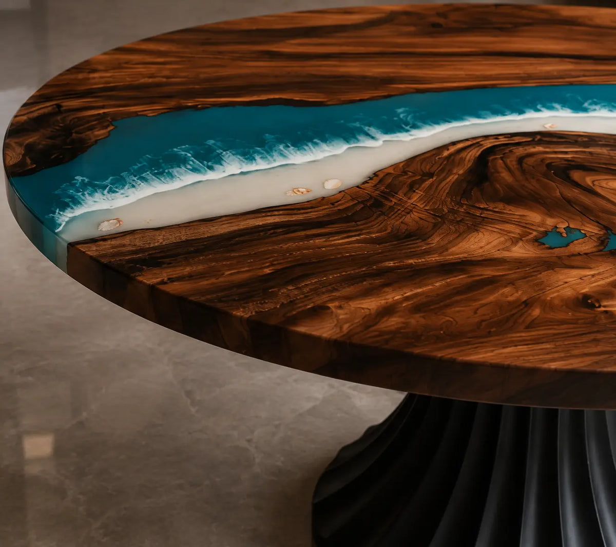 Tidal Crest Ocean Blue Epoxy Walnut Round Dining Table RT11
