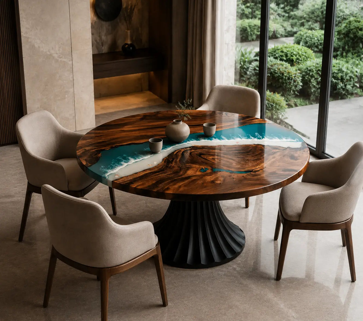 Tidal Crest Ocean Blue Epoxy Walnut Round Dining Table RT11
