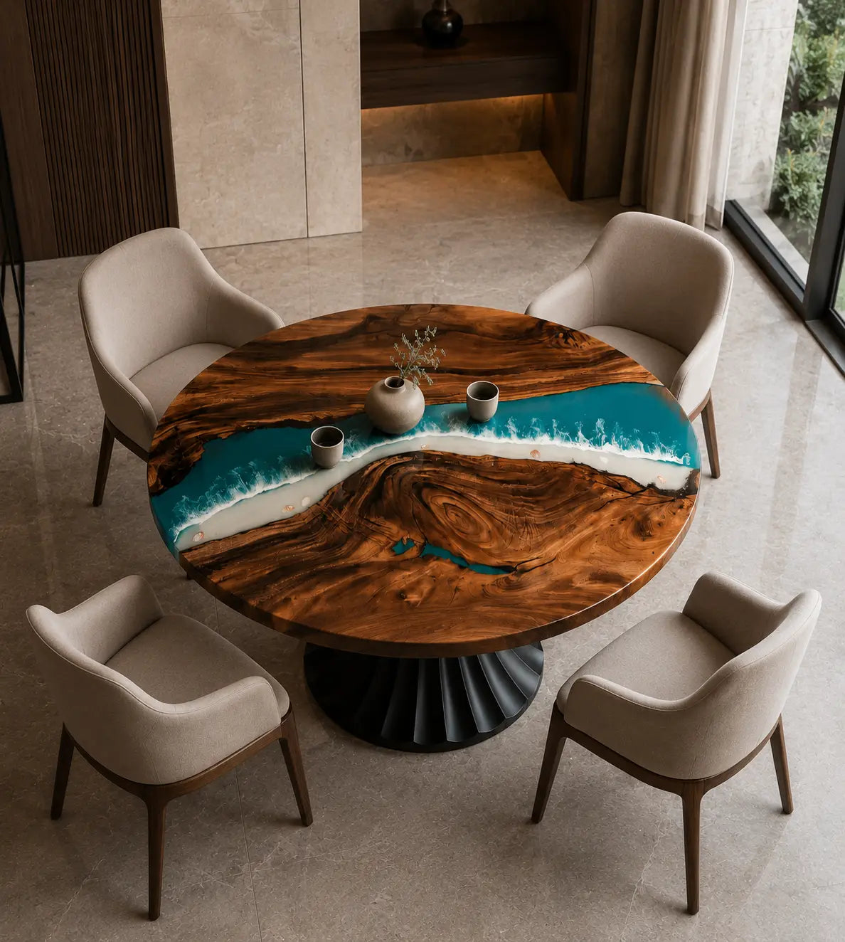 Tidal Crest Ocean Blue Epoxy Walnut Round Dining Table RT11