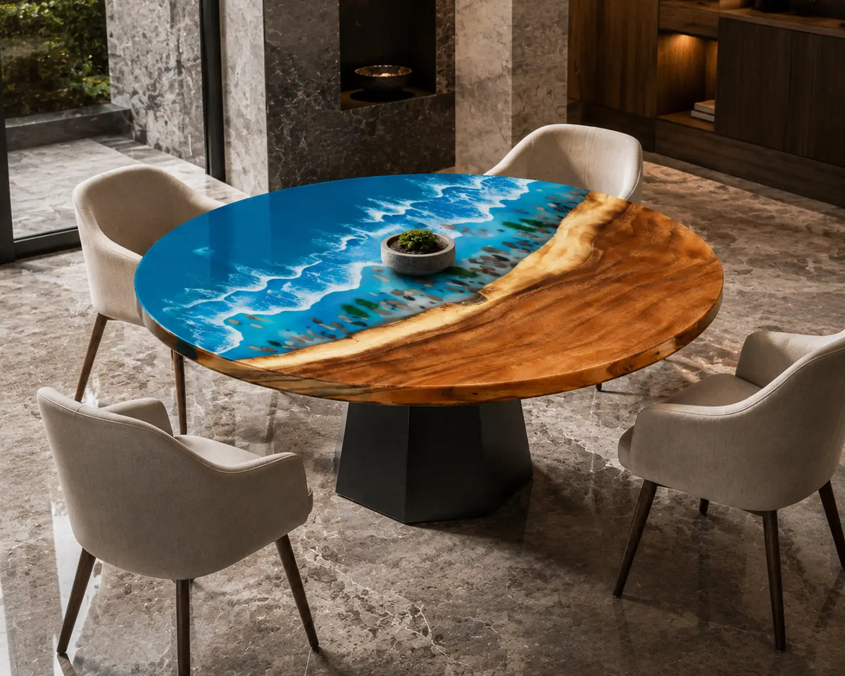 Sapphire Shore Ocean Epoxy Walnut Round Dining Table – RT14