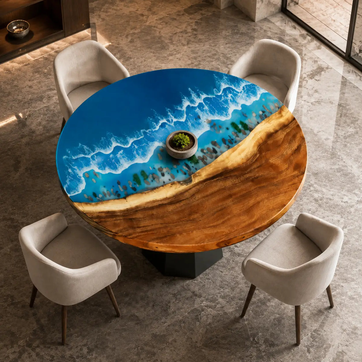 Sapphire Shore Ocean Epoxy Walnut Round Dining Table RT14