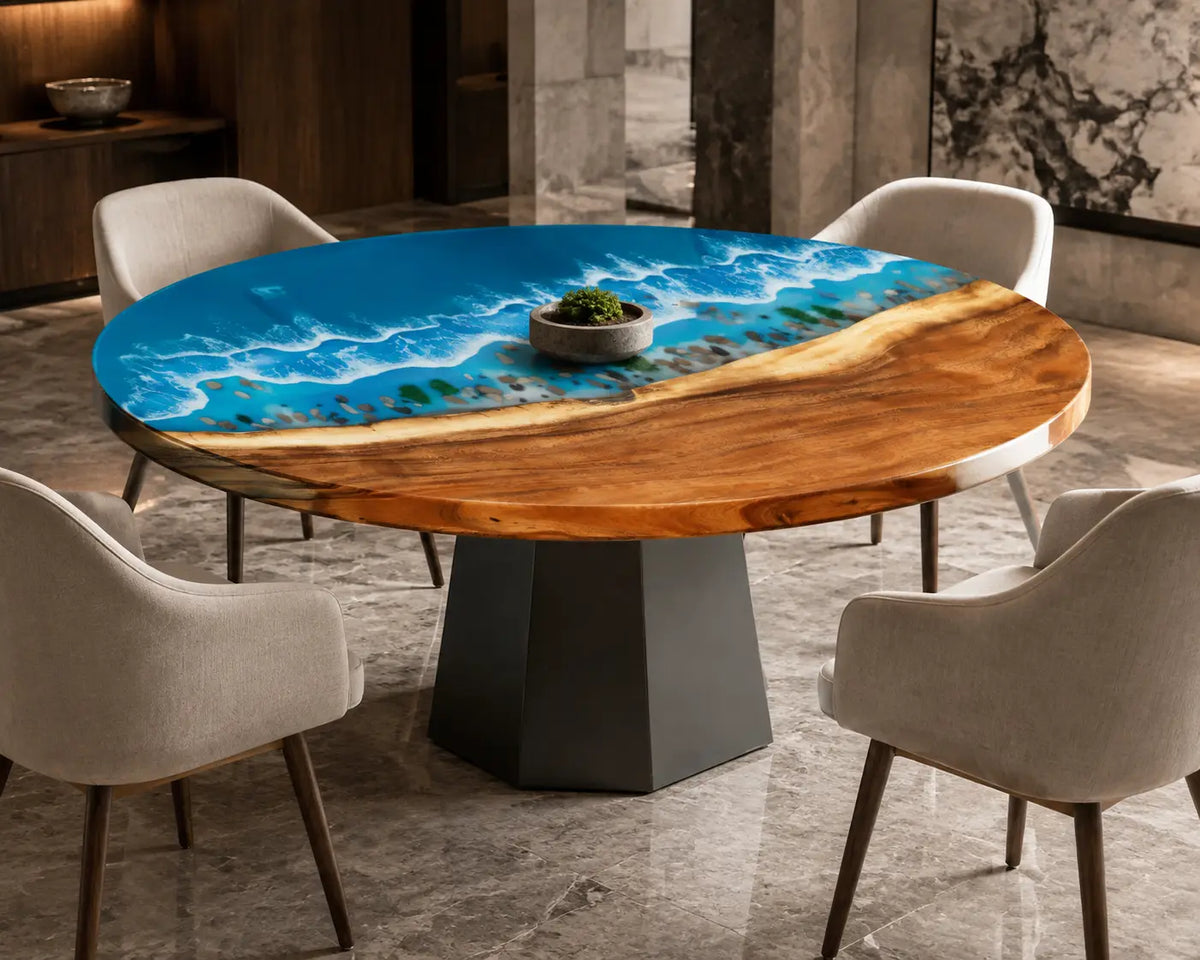 Sapphire Shore Ocean Epoxy Walnut Round Dining Table RT14