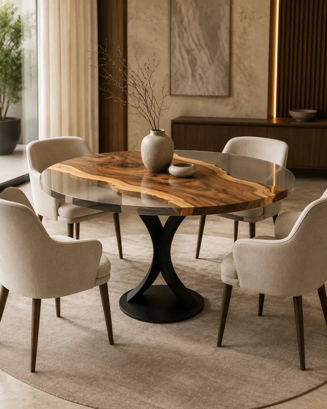 Golden Meander Clear Epoxy Walnut Round Dining Table RT16