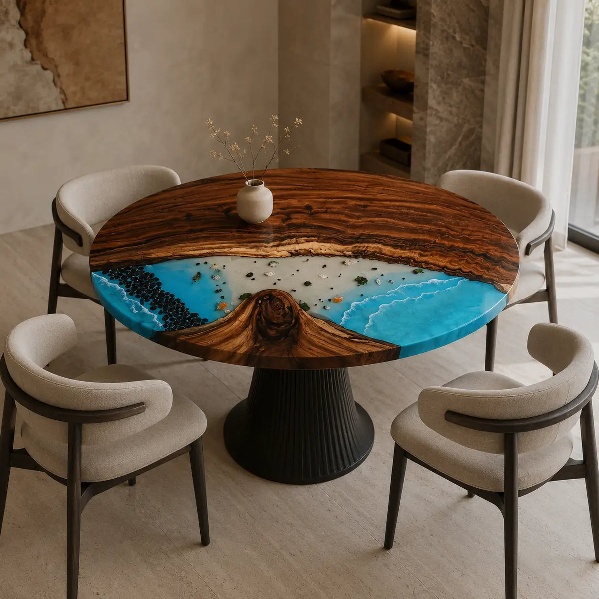 Lagoon Crest Ocean Epoxy Walnut Round Dining Table – RT19